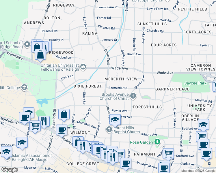 map of restaurants, bars, coffee shops, grocery stores, and more near 700 Dixie Trail in Raleigh