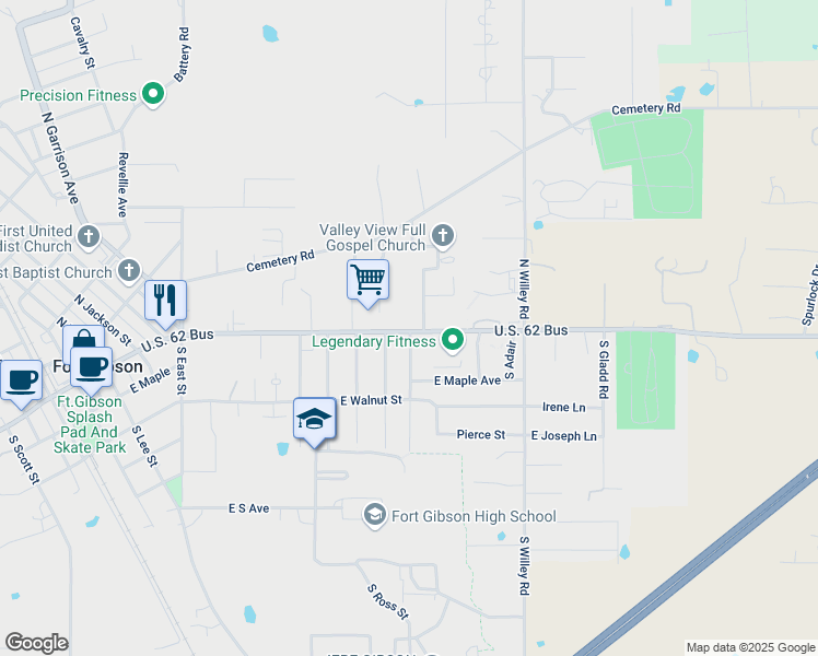 map of restaurants, bars, coffee shops, grocery stores, and more near 102 North Meigs Street in Fort Gibson