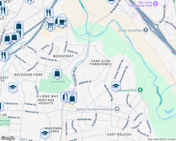 map of restaurants, bars, coffee shops, grocery stores, and more near 1311 Park Glen Drive in Raleigh