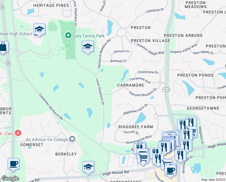 map of restaurants, bars, coffee shops, grocery stores, and more near 2308 Carramore Avenue in Cary