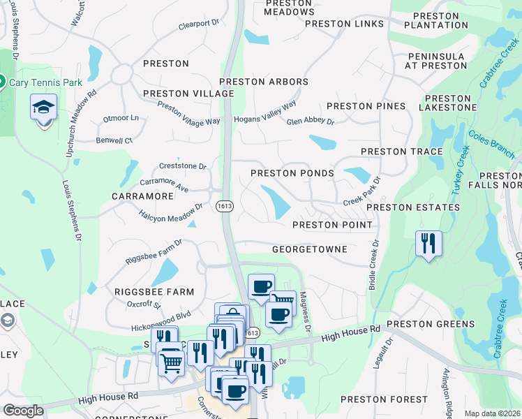 map of restaurants, bars, coffee shops, grocery stores, and more near 106 Halpen Drive in Cary