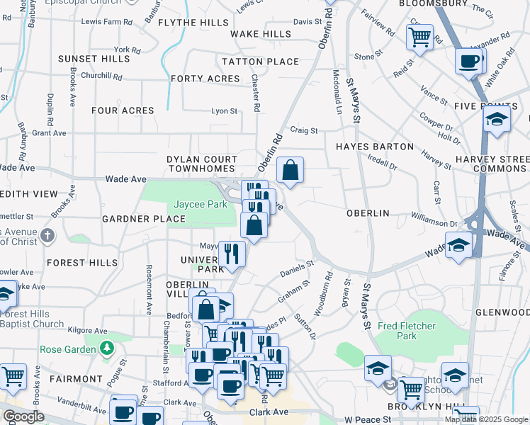 map of restaurants, bars, coffee shops, grocery stores, and more near 1122 Oberlin Road in Raleigh
