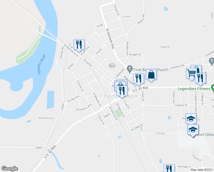 map of restaurants, bars, coffee shops, grocery stores, and more near West Blackjack in Fort Gibson