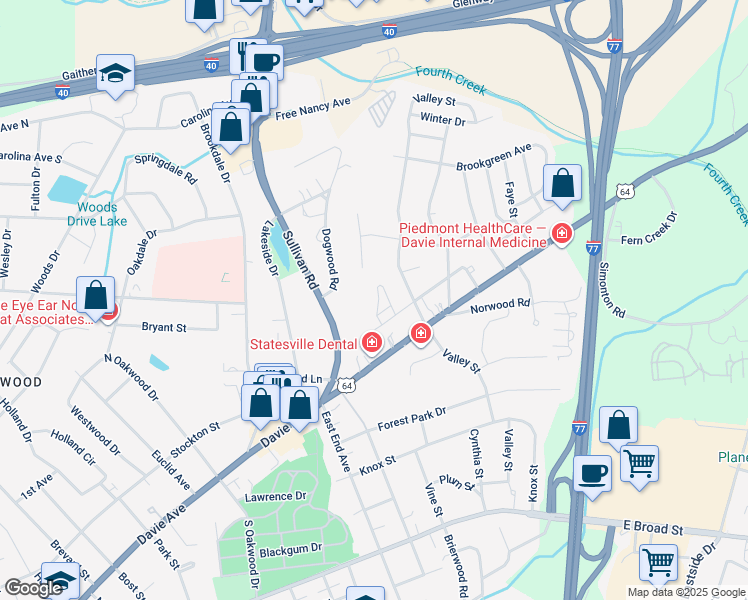 map of restaurants, bars, coffee shops, grocery stores, and more near 14 Brookgreen Place in Statesville