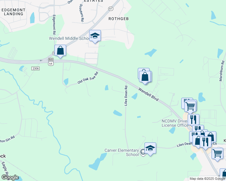 map of restaurants, bars, coffee shops, grocery stores, and more near 1051 Bird Watch Lane in Wendell