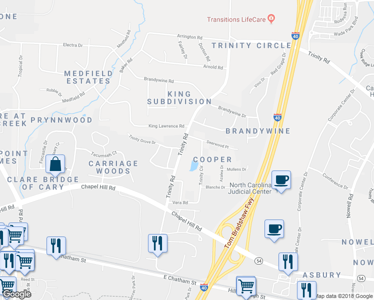 map of restaurants, bars, coffee shops, grocery stores, and more near 1404 Trinity Road in Raleigh