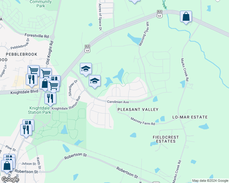map of restaurants, bars, coffee shops, grocery stores, and more near 730 Fireball Court in Knightdale