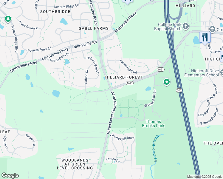 map of restaurants, bars, coffee shops, grocery stores, and more near 10130 Green Level Church Road in Cary
