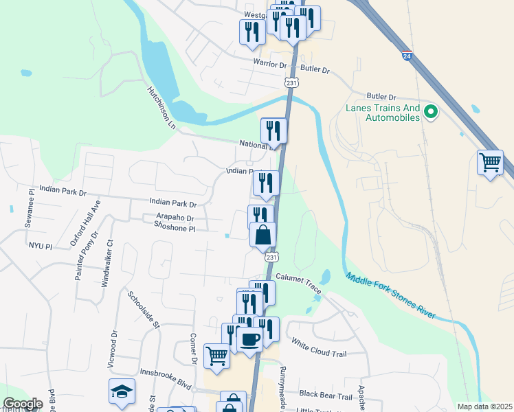 map of restaurants, bars, coffee shops, grocery stores, and more near 2633 Merchants Walk in Murfreesboro