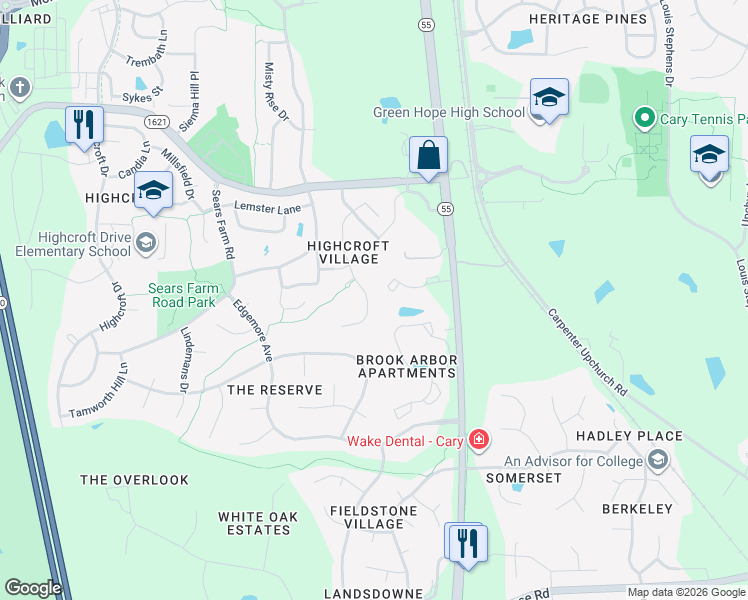 map of restaurants, bars, coffee shops, grocery stores, and more near 7129 Talton Ridge Drive in Cary