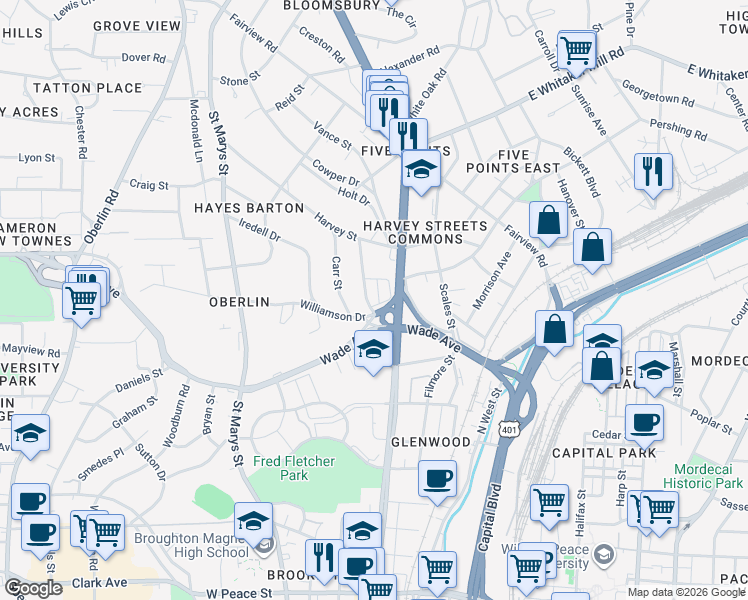 map of restaurants, bars, coffee shops, grocery stores, and more near 1511 Glenwood Avenue in Raleigh