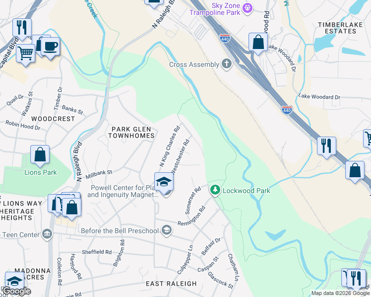 map of restaurants, bars, coffee shops, grocery stores, and more near 1524 Westchester Road in Raleigh
