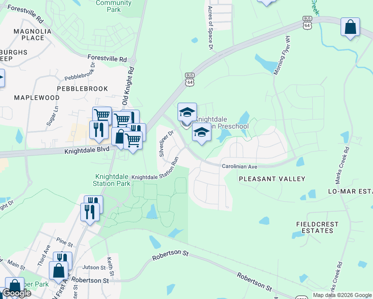map of restaurants, bars, coffee shops, grocery stores, and more near 1100 Cannonball Run in Knightdale