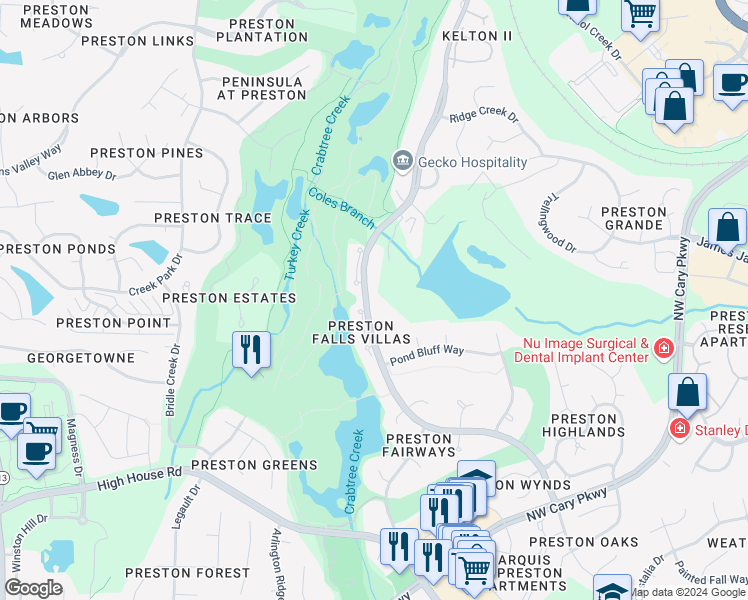 map of restaurants, bars, coffee shops, grocery stores, and more near 744 Crabtree Crossing Parkway in Cary