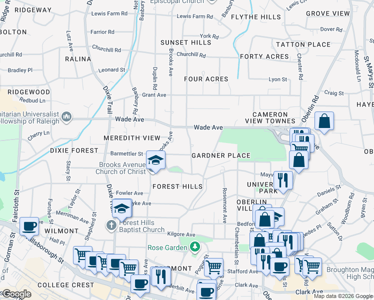 map of restaurants, bars, coffee shops, grocery stores, and more near 1004 Canterbury Road in Raleigh