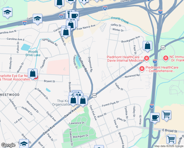 map of restaurants, bars, coffee shops, grocery stores, and more near 490 Sullivan Road in Statesville