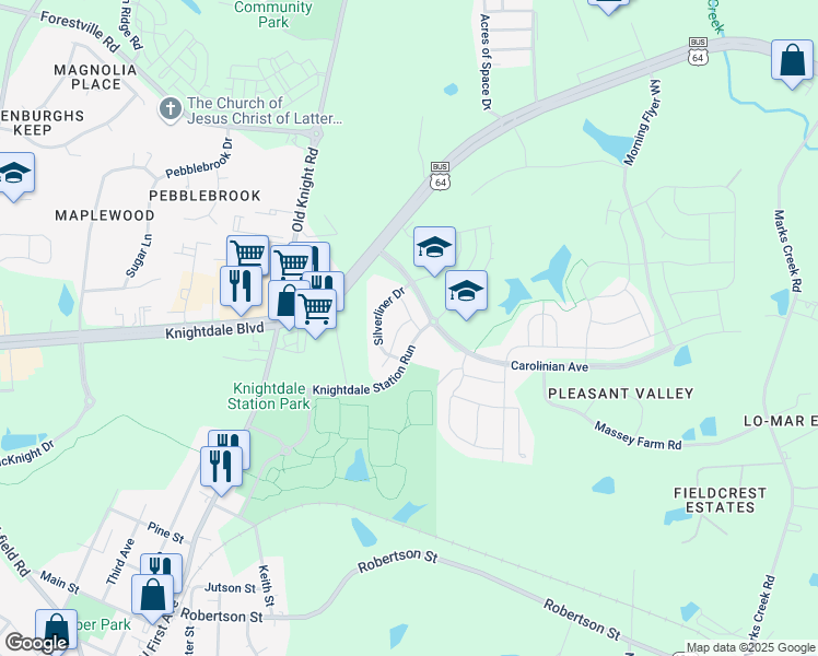 map of restaurants, bars, coffee shops, grocery stores, and more near 426 Banner Blue Court in Knightdale