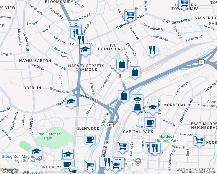 map of restaurants, bars, coffee shops, grocery stores, and more near 409 Morrison Avenue in Raleigh