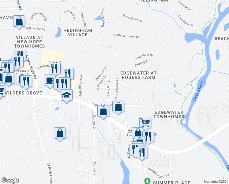 map of restaurants, bars, coffee shops, grocery stores, and more near 2047 Groundwater Place in Raleigh