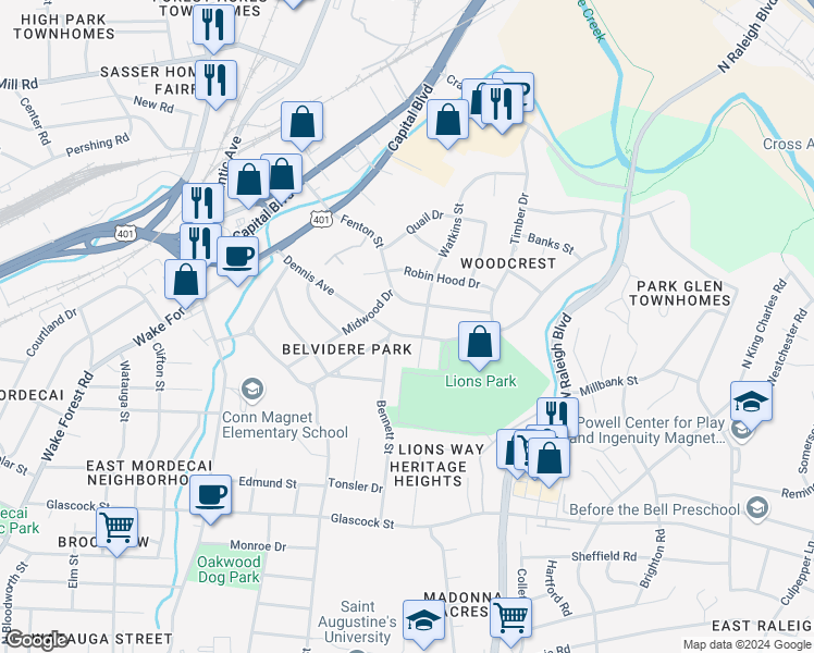 map of restaurants, bars, coffee shops, grocery stores, and more near 1905 Watkins Street in Raleigh