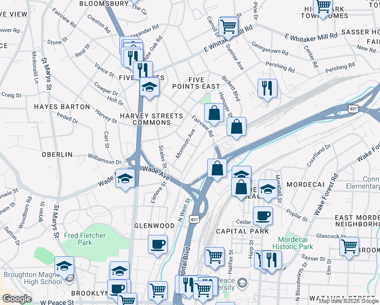 map of restaurants, bars, coffee shops, grocery stores, and more near 409 Morrison Avenue in Raleigh