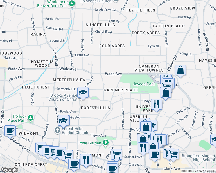 map of restaurants, bars, coffee shops, grocery stores, and more near 1004 Canterbury Road in Raleigh
