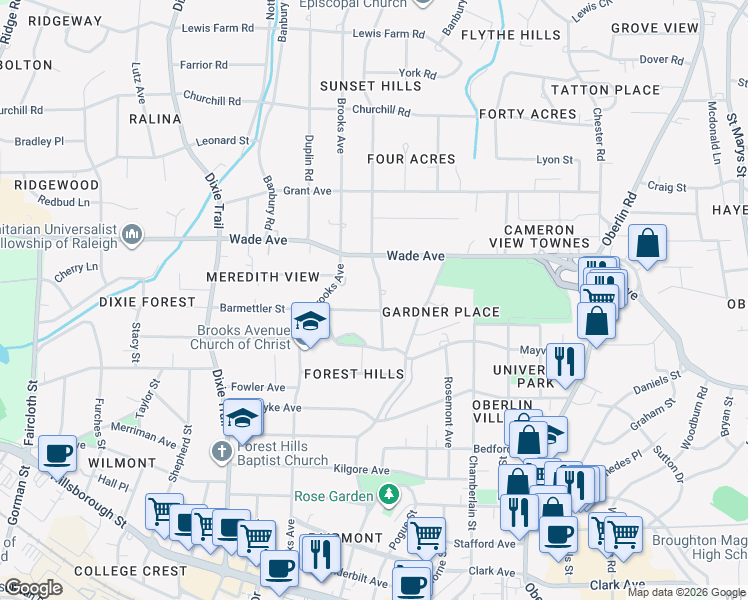 map of restaurants, bars, coffee shops, grocery stores, and more near 1004 Canterbury Road in Raleigh