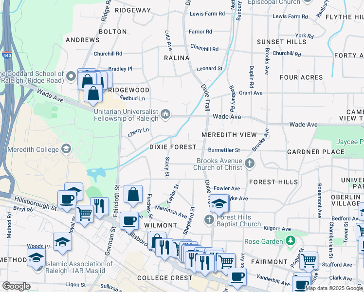 map of restaurants, bars, coffee shops, grocery stores, and more near 2918 Barmettler Street in Raleigh