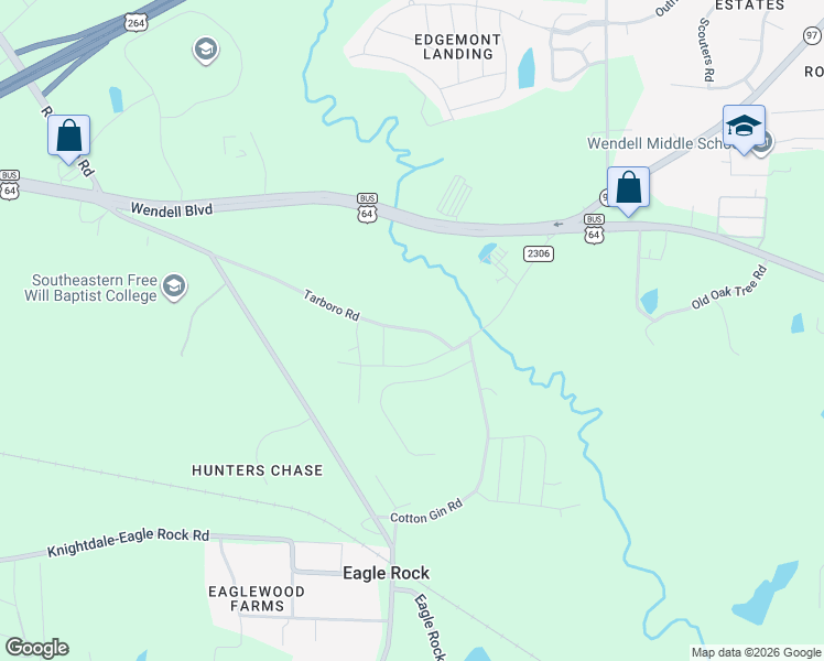 map of restaurants, bars, coffee shops, grocery stores, and more near Old Tarboro Road in Wendell