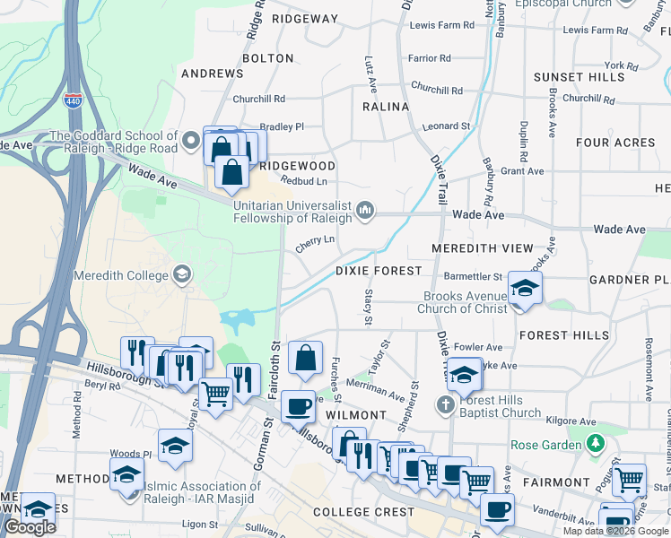map of restaurants, bars, coffee shops, grocery stores, and more near 716 Beaver Dam Road in Raleigh