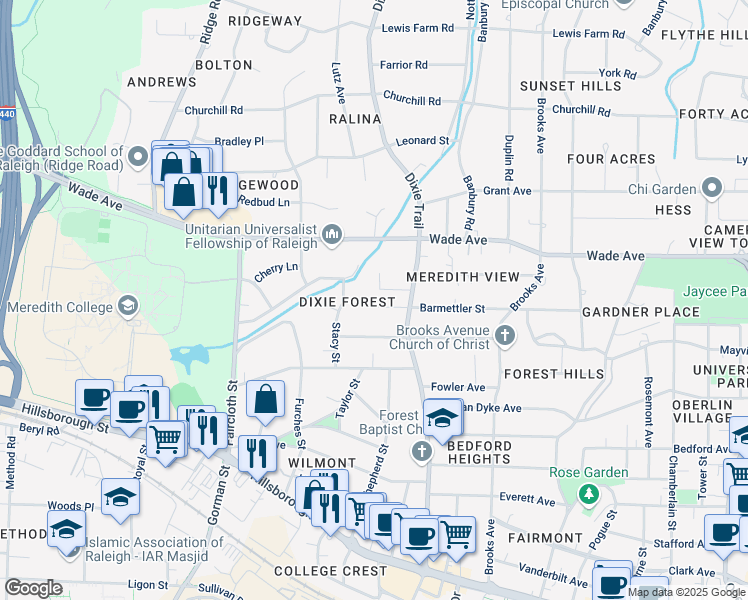 map of restaurants, bars, coffee shops, grocery stores, and more near 2918 Barmettler Street in Raleigh