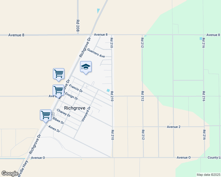 map of restaurants, bars, coffee shops, grocery stores, and more near 20975 Diaz Avenue in Richgrove