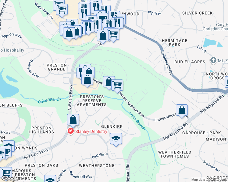 map of restaurants, bars, coffee shops, grocery stores, and more near 501 James Jackson Avenue in Cary