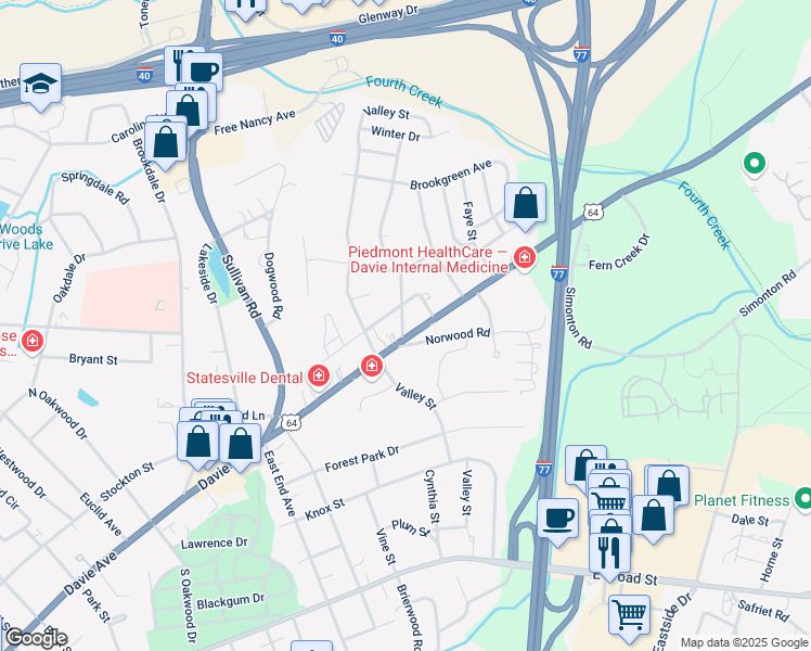 map of restaurants, bars, coffee shops, grocery stores, and more near 1515 Davie Avenue in Statesville