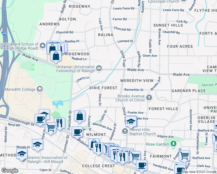 map of restaurants, bars, coffee shops, grocery stores, and more near 2918 Barmettler Street in Raleigh