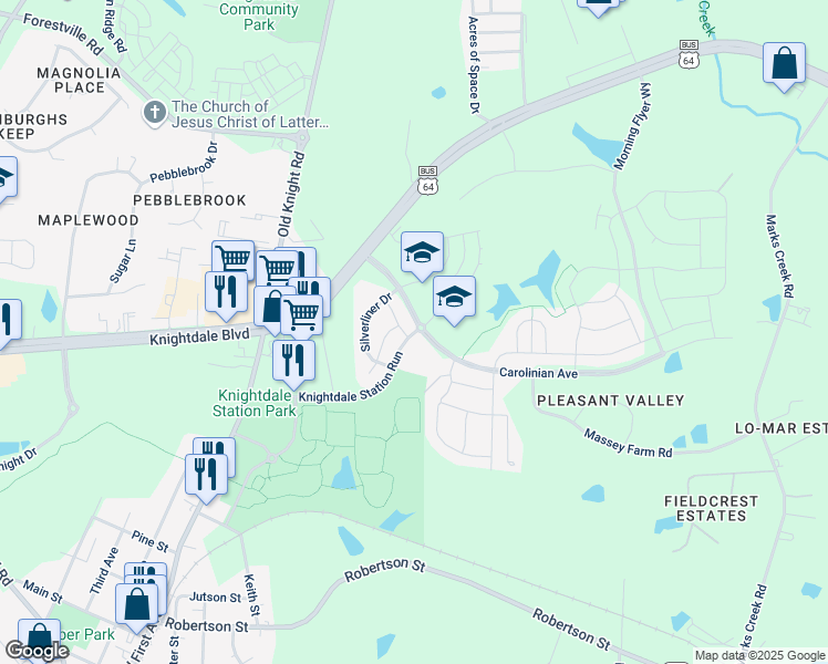 map of restaurants, bars, coffee shops, grocery stores, and more near 426 Banner Blue Court in Knightdale