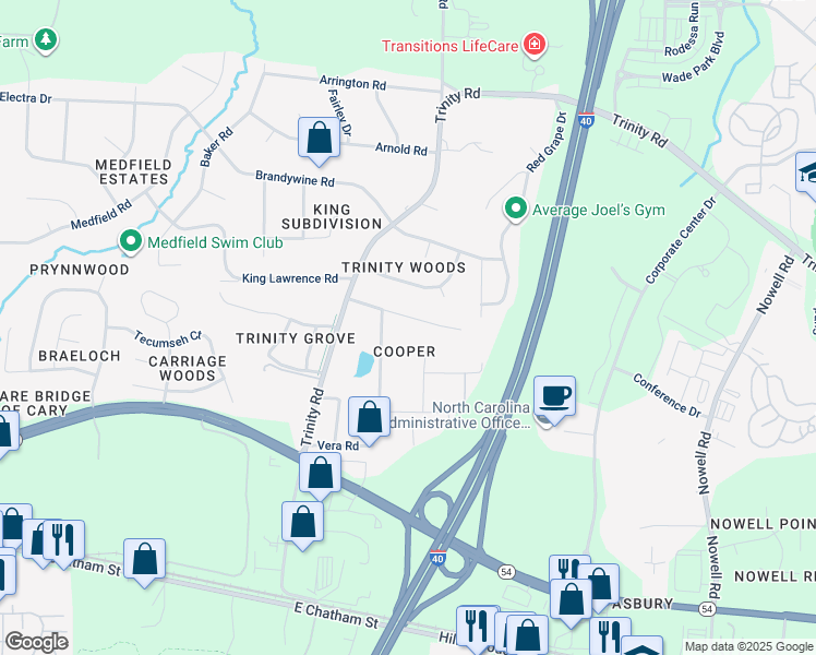 map of restaurants, bars, coffee shops, grocery stores, and more near 6205 Deerwood Place in Raleigh