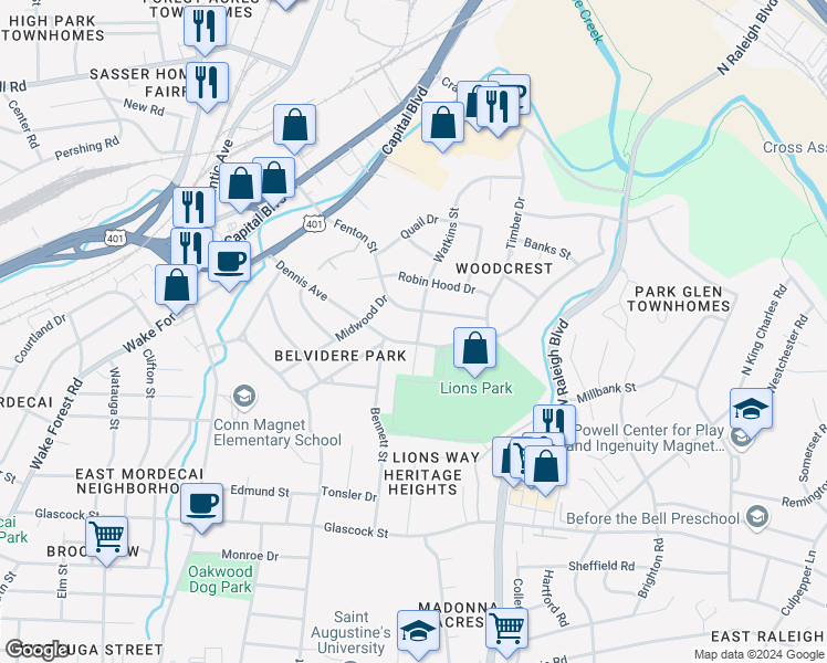 map of restaurants, bars, coffee shops, grocery stores, and more near 1905 Watkins Street in Raleigh