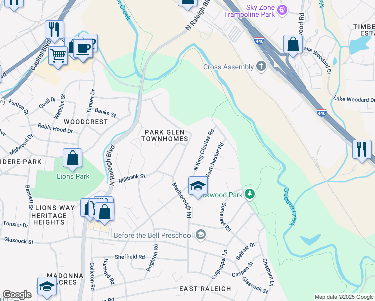 map of restaurants, bars, coffee shops, grocery stores, and more near 1344 Marlborough Road in Raleigh