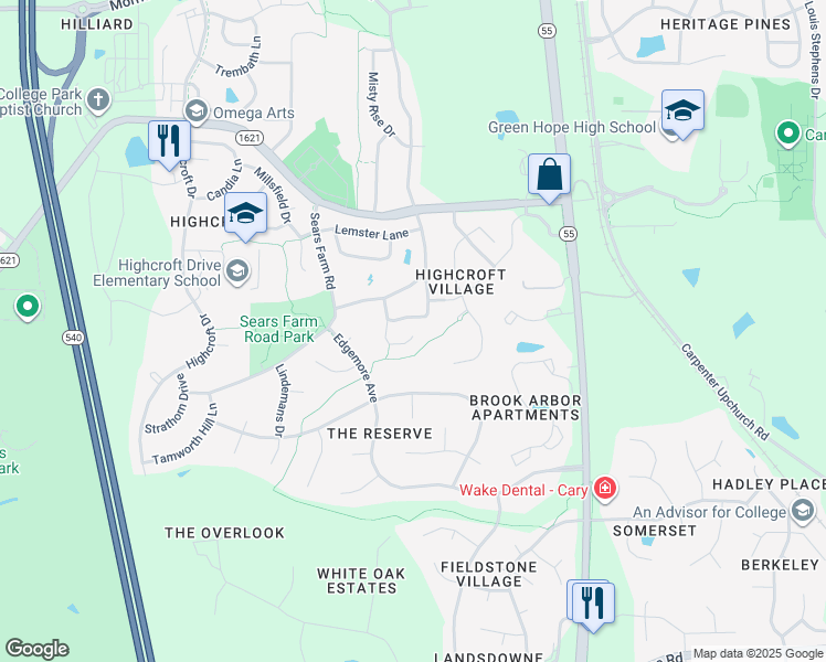 map of restaurants, bars, coffee shops, grocery stores, and more near 356 Jute Court in Cary