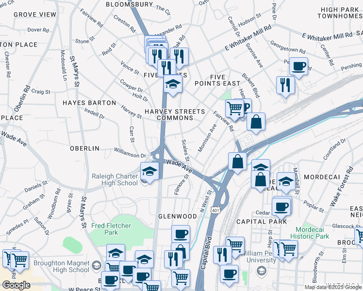map of restaurants, bars, coffee shops, grocery stores, and more near 1421 Scales Street in Raleigh
