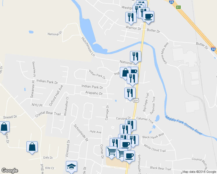 map of restaurants, bars, coffee shops, grocery stores, and more near 223 Indian Park Drive in Murfreesboro