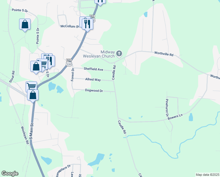 map of restaurants, bars, coffee shops, grocery stores, and more near 365 Dogwood Drive in Randleman