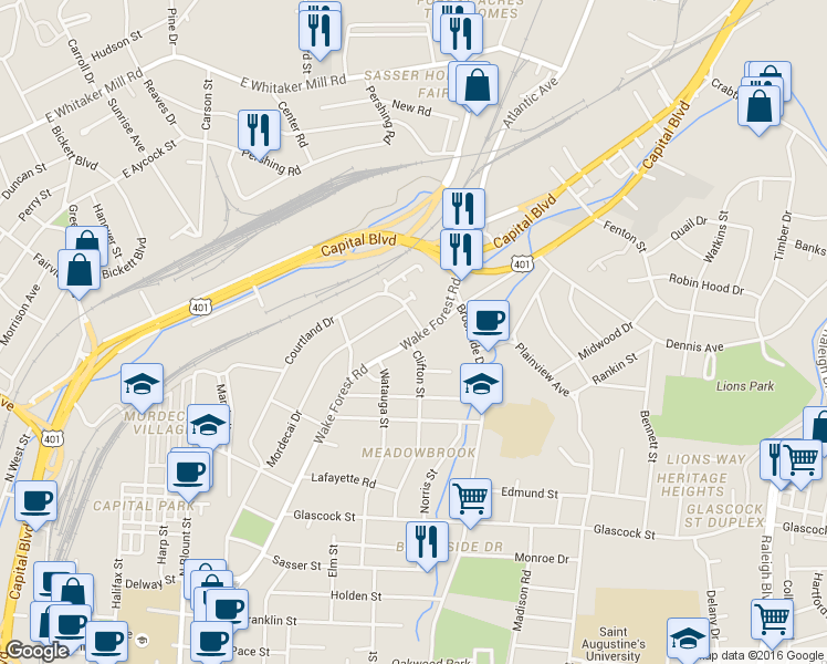 map of restaurants, bars, coffee shops, grocery stores, and more near 1520 Courtland Drive in Raleigh