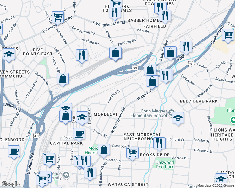map of restaurants, bars, coffee shops, grocery stores, and more near 1405 Sycamore Street in Raleigh