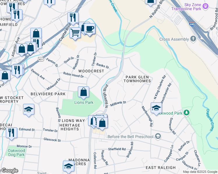 map of restaurants, bars, coffee shops, grocery stores, and more near 1639 Burgundy Street in Raleigh