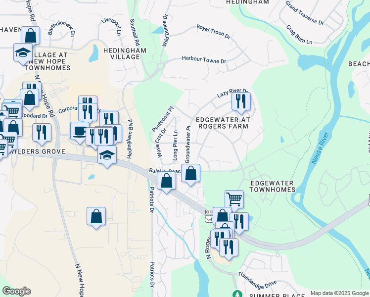 map of restaurants, bars, coffee shops, grocery stores, and more near 2047 Groundwater Place in Raleigh