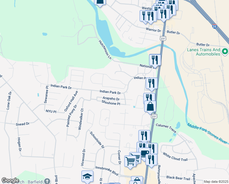 map of restaurants, bars, coffee shops, grocery stores, and more near 256 Indian Park Drive in Murfreesboro