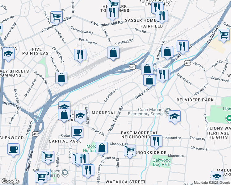 map of restaurants, bars, coffee shops, grocery stores, and more near 1405 Sycamore Street in Raleigh