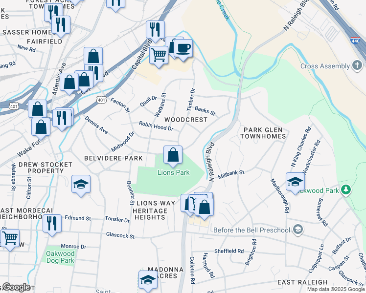 map of restaurants, bars, coffee shops, grocery stores, and more near 2008 Timber Drive in Raleigh